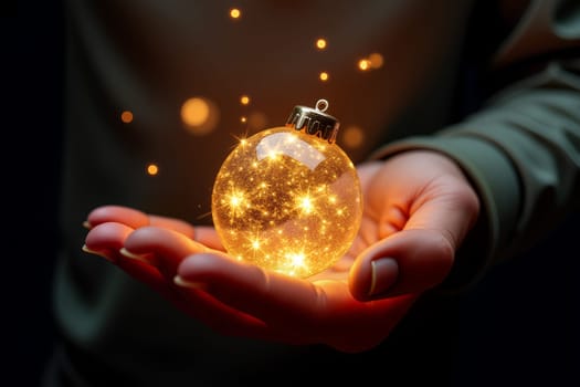A hand cradles a luminous Xmas ornament emitting dazzling sparks, symbolizing the festive spirit of the holiday season - Generative AI