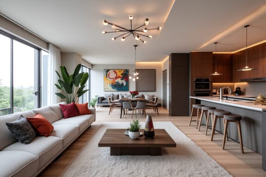 A contemporary living room features a sleek sofa, vibrant cushions, and a stylish dining area illuminated by warm lighting, with large windows offering a view of nature - Generative AI