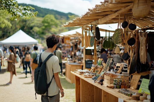 A person enjoys the lively atmosphere of an outdoor marketplace, surrounded by handcrafted goods and natural products under a bright sky, highlighting community engagement and creativity.