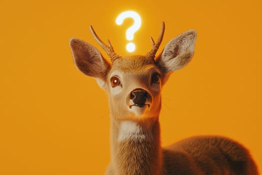 Thoughtful deer with question mark above its head, curious expression.