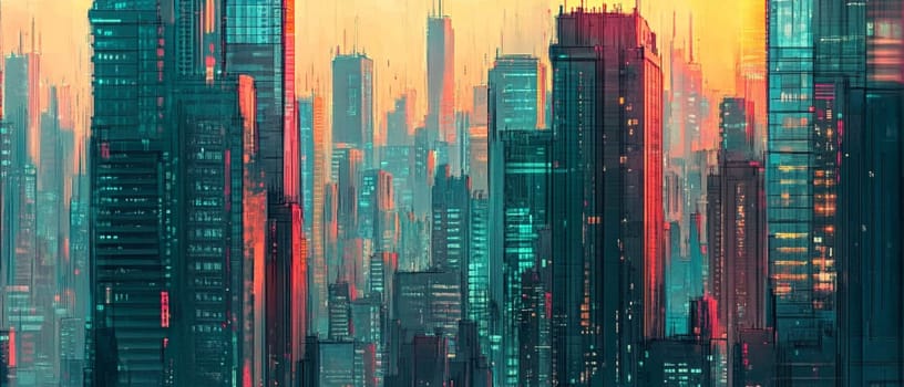 This futuristic cityscape shows a dense cluster of skyscrapers lighting up as the sun sets below the horizon. The warm hues of the sunset contrast beautifully with the cool tones of the buildings