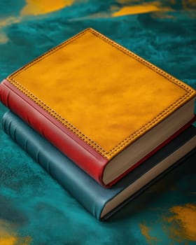 3d color book with an empty cover on a colored background. Selective focus.