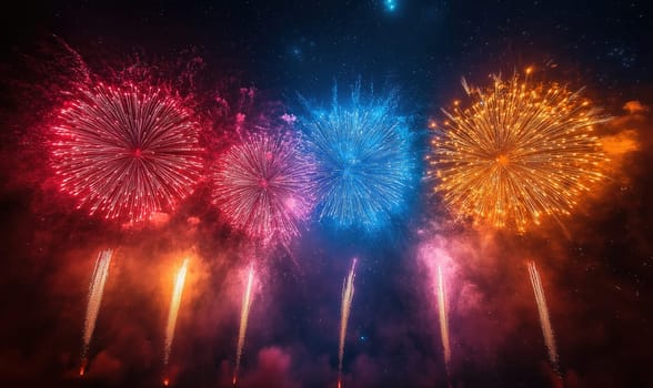 Colorful festive fireworks in night sky. Selective focus.