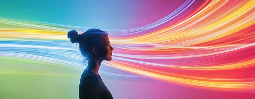 vibrant silhouette of person with colorful light trails flowing.