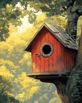 Bird house on a tree in cartoon style. Selective focus.