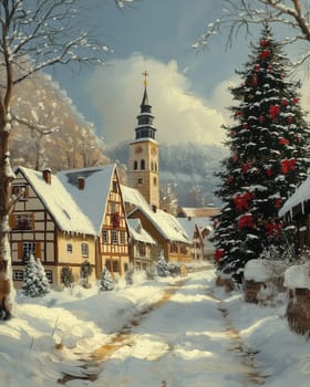 Vintage style Christmas card with a Christmas village. Selective focus.