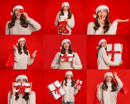 A happy woman dressed in a cozy sweater and Santa hat engages in festive activities, showcasing joy with various Christmas gifts and decorations against a bright red backdrop.