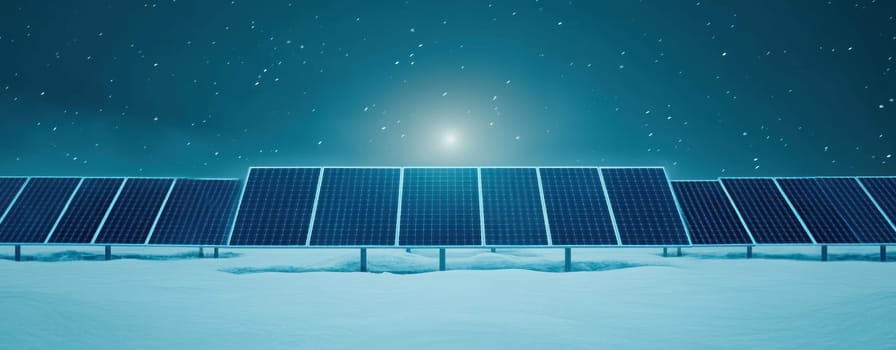 Rows of solar panels in snowy field under starry night sky.