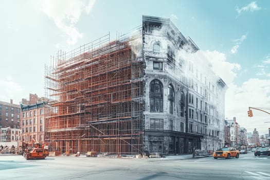 A building is being torn down and a new one is being built in its place. The old building is a large, old brick building with scaffolding around it. The new building is a modern, sleek design