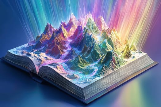 A book is opened to a page with mountains and a rainbow. The mountains are in different colors and the rainbow is in the background