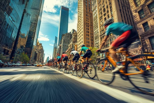 A dynamic urban scene featuring cyclists racing through a bustling city street surrounded by towering skyscrapers and a bright blue sky, capturing the thrill of competition.
