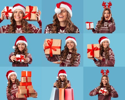 A cheerful lady wearing a Santa hat and festive sweater joyfully holds and showcases various wrapped holiday gifts, capturing the spirit of celebration during the festive season.