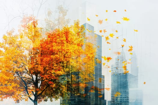 A city skyline with a tree in the foreground and leaves falling from it. The leaves are scattered all over the city, creating a sense of movement and change. The image evokes a feeling of autumn