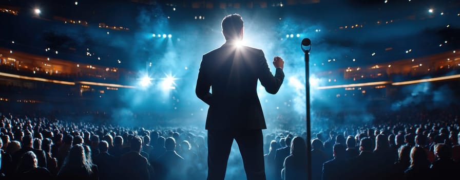 performer stands confidently on stage, captivating large audience with powerful presence.