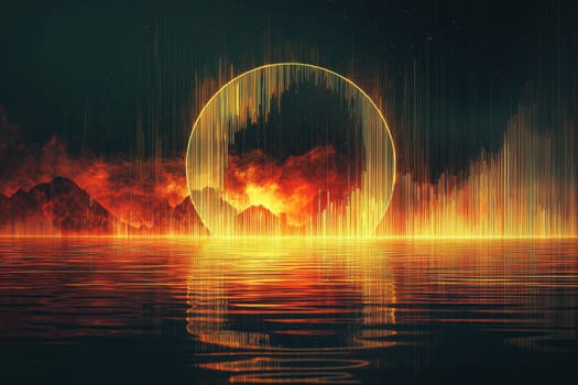 A glowing orange circle is floating in the water. The image has a surreal and dreamlike quality, with the orange circle appearing to be floating in the water. Scene is one of wonder and fascination