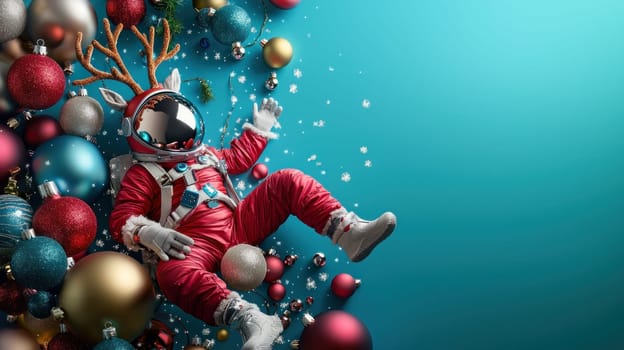 Reindeer astronaut in red spacesuit surrounded by festive ornaments, creating whimsical holiday.