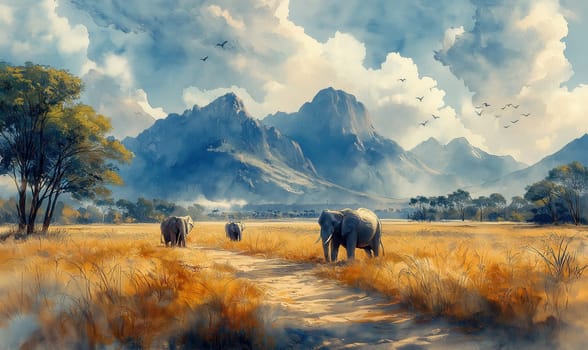 illustration of an African savannah on a sunny day. Selective focus.