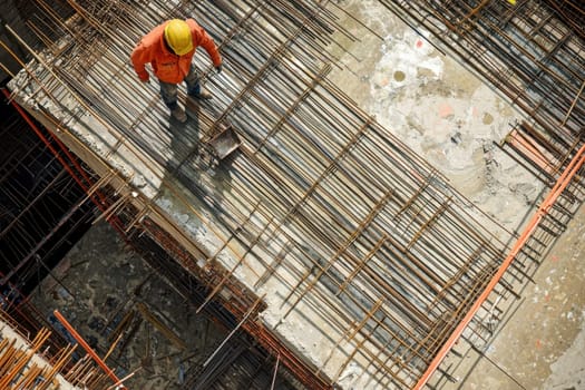 A construction worker is standing on a scaffold with a bucket in his hand. Concept of hard work and dedication to the job