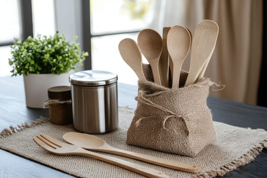 Sustainable utensils: wooden kitchen essentials crafted for eco-friendly atmosphere, environmentally conscious living, healthy cooking practices while promoting benefits of natural materials