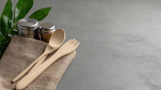 Eco-friendly tools: essential wooden utensils designed for sustainable kitchens, inviting and green culinary space that highlights importance of reducing plastic waste, embracing natural alternatives