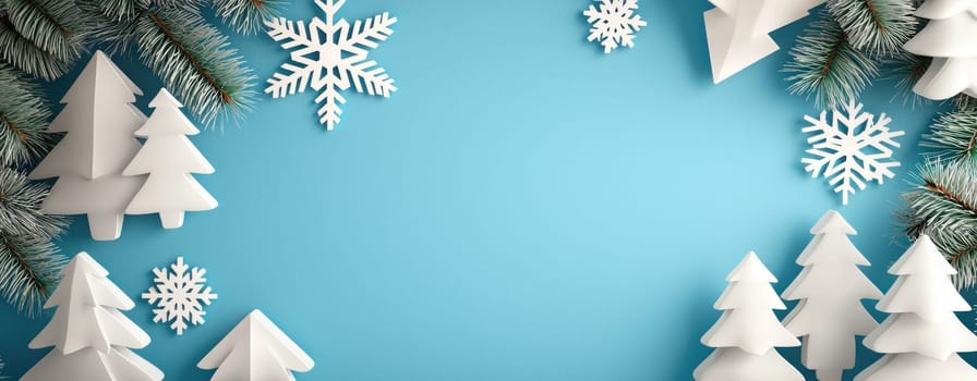 Modern Christmas decoration with white trees and snowflakes on blue background.