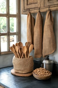 Eco-friendly tools: essential wooden utensils designed for sustainable kitchens, inviting and green culinary space that highlights importance of reducing plastic waste, embracing natural alternatives