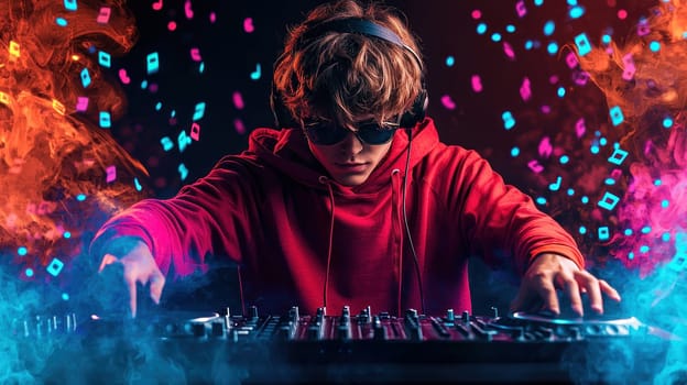 Young male DJ with headphones and sunglasses creating music in vibrant colors.