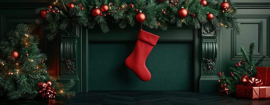 Cozy Christmas fireplace with red stocking and festive decorations.