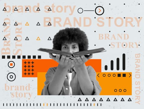 Collage about brand story. Young woman holding open book.
