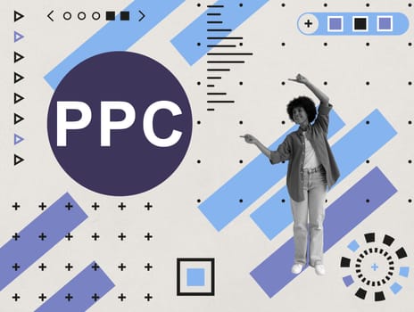 Collage with a woman pointing at abbreviation PPC Pay per click.