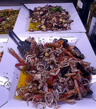 Fish-based dishes with small lobsters, cuttlefish, mussels, prawns, clams and octopus salad.