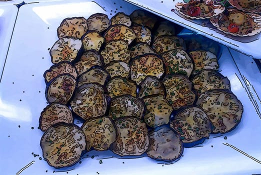 Sliced and grilled aubergines served on a plate and ready in the showcase counter.