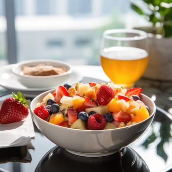 Bowl of healthy fresh fruit salad on dark background, AI Generated