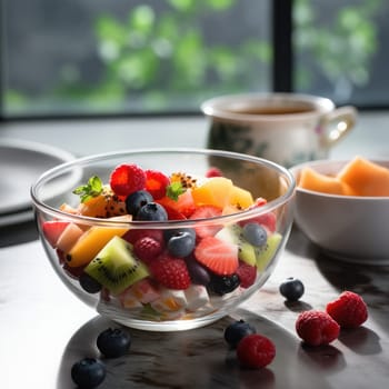 Bowl of healthy fresh fruit salad on dark background, AI Generated