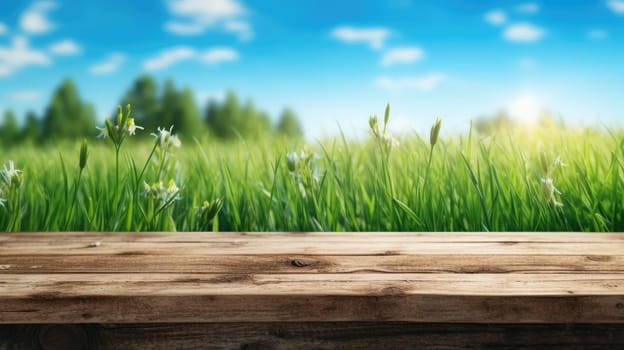 A natural spring garden background of fresh green grass with a bright blue sunny sky with a wooden table. Generative AI image weber.