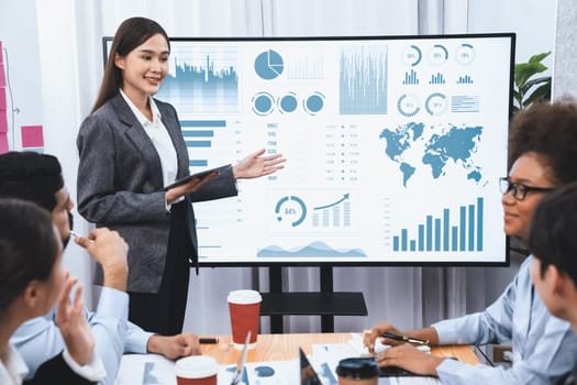 Young asian businesswoman presenting data analysis dashboard on TV screen in modern meeting. Business presentation with group of business people in conference room. Concord