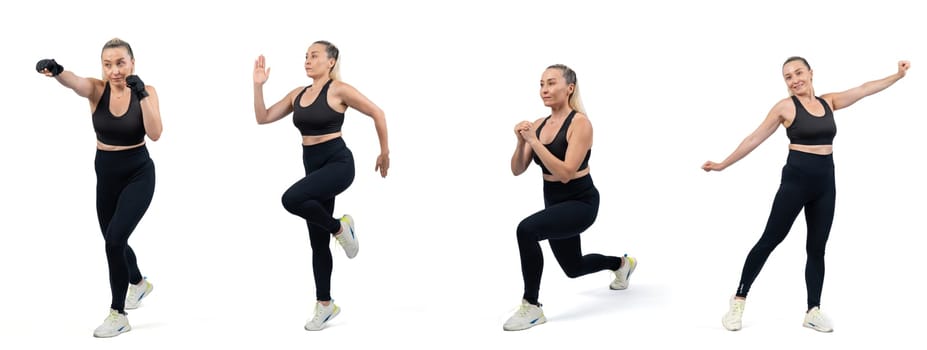 Image set of athletic and healthy senior woman in sportswear with different cardio workout, running and warmup posture on isolated background. Fitness healthy and body care lifestyle collage. Clout