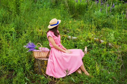 beautiful girl in a beautiful dress sits on a stump in the forest, a bouquet of lupines in a basket.