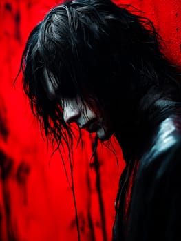 A woman with long hair and a black outfit is standing in front of a red wall. The image has a dark and eerie mood, with the woman's appearance and the red background creating a sense of foreboding