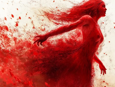 A woman in a red dress is shown in a painting with red splatters all over her. The painting has a dark and intense mood, with the woman's red dress
