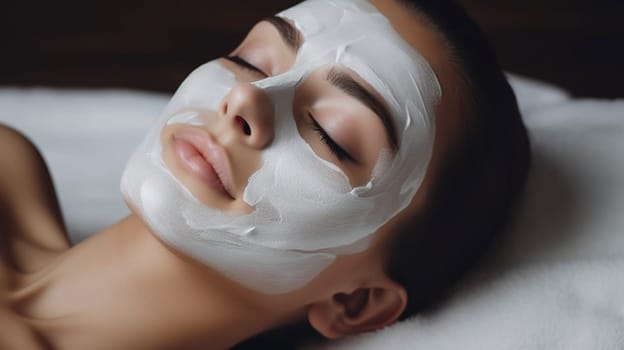 A woman is seen laying down comfortably, wearing a white mask that covers her face to soothe or treat her skin