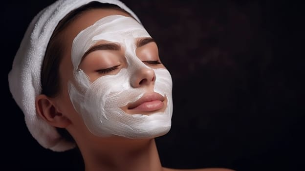 A woman is currently seen wearing a towel that is wrapped around her head while simultaneously sporting a facial mask on her face