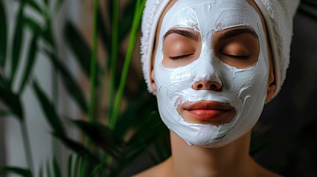 A woman with a towel wrapped securely around her head is wearing a white mask that covers her face completely at this moment