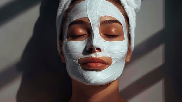 A woman is currently seen wearing a towel that is wrapped around her head while simultaneously sporting a facial mask on her face