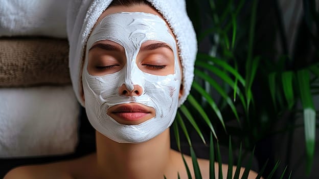 A woman with a towel wrapped securely around her head is wearing a white mask that covers her face completely at this moment