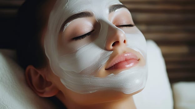 A woman is seen laying down comfortably, wearing a white mask that covers her face to soothe or treat her skin