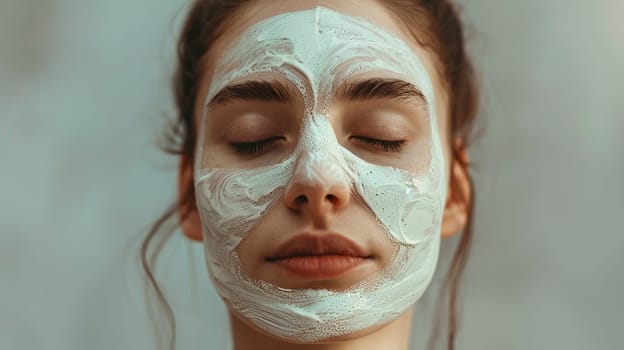 A woman is currently seen wearing a towel that is wrapped around her head while simultaneously sporting a facial mask on her face
