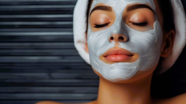 A woman is currently seen wearing a towel that is wrapped around her head while simultaneously sporting a facial mask on her face