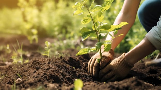 A person is carefully planting a small green plant into the rich, brown dirt, ensuring it has enough space to grow and flourish