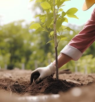 A person is carefully planting a small green plant into the rich, brown dirt, ensuring it has enough space to grow and flourish